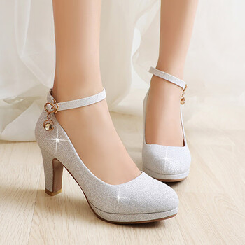 礼服鞋女演出银色学生宴会伴娘鞋粗跟公主鞋瑞央秀禾主婚纱两穿瑞央