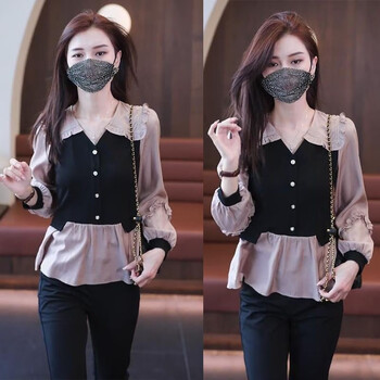 yinfan大码女装秋季胖mm新款上衣减龄假两件打底衬衫显瘦阔腿裤套装女