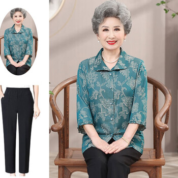 羽述中老年人夏装衬衫女妈妈夏季套装老太太七分袖上衣老人衣服奶奶装