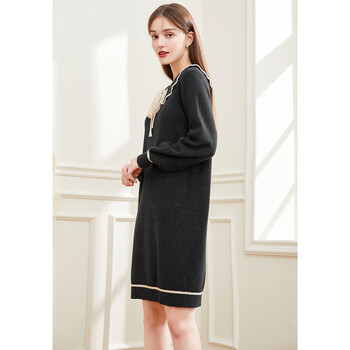 秋水伊人纱线连衣裙2021年冬季新款女装翻领法式优雅中长裙 黑色 L