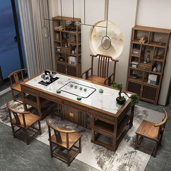 简云木（JIANYUNMU）茶桌椅组合实木功夫茶台桌新中式客厅阳台办公火烧石小茶几桌套装 【升级岩板】1.8m冰轮+1主椅4月 加厚橡胶木（可用10年以上）