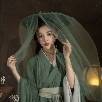 艳清冷风汉服直裾青色古装女超仙齐腰仙气摄影写真服装学生 网纱斗笠