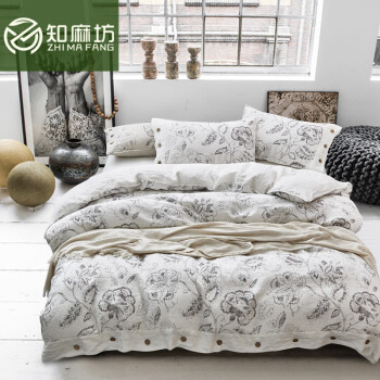 知麻坊（ZHI MA FANG）新款知麻坊100%纯亚麻四件套双人水洗枕套被罩床上用品四季可用 花语白 1.5米/1.8米床(被罩200*230CM)
