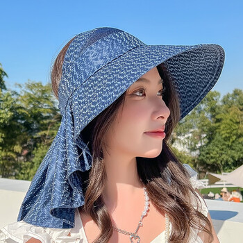 帽子女夏天无顶士夏款空顶披肩遮阳帽户外可扎头发工作遮阳帽护藏青色