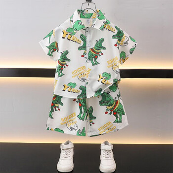 汀梵娜男童夏装套装卡通恐龙衬衫两件套一岁宝宝衣服男孩休闲儿童服装