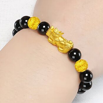 瓒橙乌金黑曜石手链黄金财福貔貅转运珠手串男女士款水晶玛瑙10mm10mm