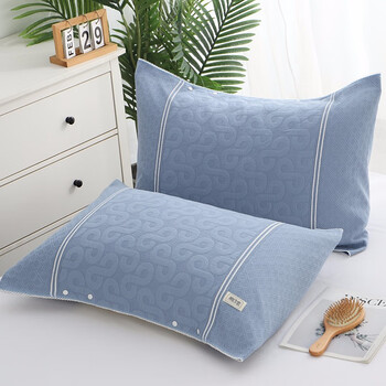 恩爱鸟（enainiao）纯棉枕巾防滑落固定按扣纱布全棉半包裹枕头巾单人吸汗一对装 发财灰蓝枕巾1对 按扣防滑落