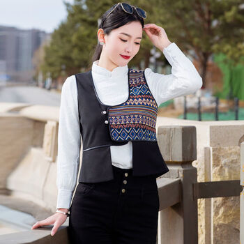 lfgv蒙古族服装女蒙古元素春夏士新款民族风马甲时尚潮流拼色短款u领