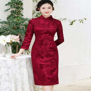 旗袍连衣裙时尚婚宴装喜婆婆洋气妈妈中款长袖显瘦大码红酒红色mx70