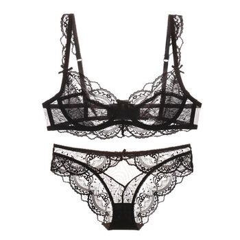 莆魅女生内衣大性感蕾丝深v内衣聚拢夏季法式蕾丝内衣女薄款大胸显小