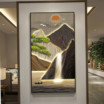 槐序新中式玄关装饰画入户门走廊过道挂画流水生财竖版客厅壁画好寓意