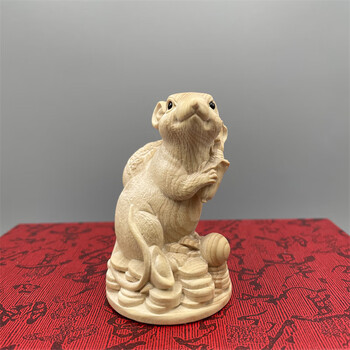 黄杨木雕手把件招财创意可爱元宝生肖鼠雕刻手工艺品实木老鼠摆件