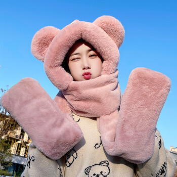 2022抖音同款网红可爱小熊帽子围巾一体女冬天保暖连帽围脖护耳毛绒