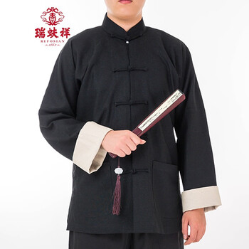 瑞蚨祥中老年唐装中国风男士中山装立领涤麻春夏秋大码上衣外套休闲复古 黑色 L