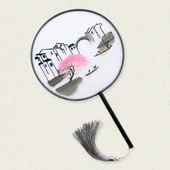 京选优品湘绣扇子精品熊猫牡丹纯手工刺绣双面绣团扇礼物圆形工艺礼品