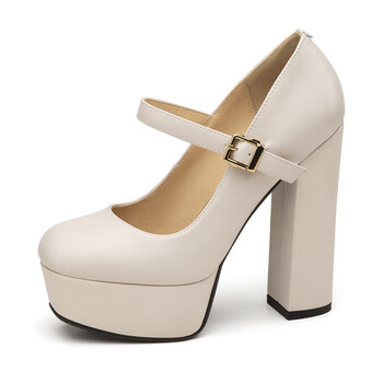 youaibuge超高跟粗跟女鞋厚底防水台高跟鞋米白色单鞋恨天高四季鞋