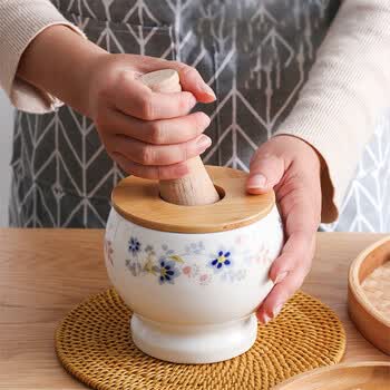 全适 日系大号家用捣蒜器陶瓷蒜臼子研磨器捣碎捣料器 捣姜器 配盖子