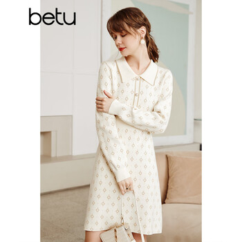 【2021秋冬新款】betu百图女装亮丝提花娃娃领软糯法式收腰显瘦中长款毛织连衣裙裙子2110T68 杏色 M