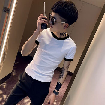 夏季快手社会人精神小伙网红潮男短袖t恤痞帅红人打底衫半袖白色短撞