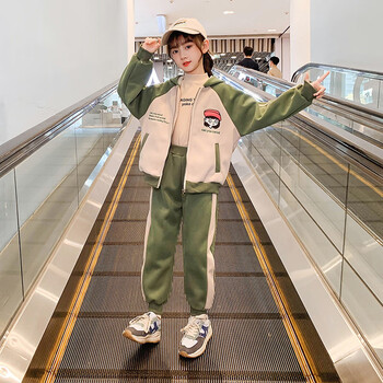套装秋冬季加绒加厚外套儿童休闲卫裤912岁小孩子衣服大绿色套装110cm