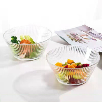【京喜】爆瘋魚 【2個裝】 玻璃沙拉碗透明玻璃文字水果盤 條紋沙拉碗 2個裝