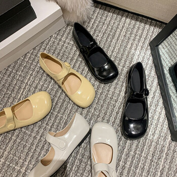 mospoke漆皮玛丽珍鞋女复古皮鞋春夏新款纯色圆头魔术贴平底浅口单鞋