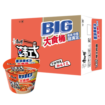 康师傅方便面big大食桶装红烧香辣藤椒牛肉面12桶整箱装泡面速食