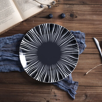 deng)陶瓷浅盘圆形创意花纹图案装饰挂墙摆件用圆盘意面私房菜盘子 黑