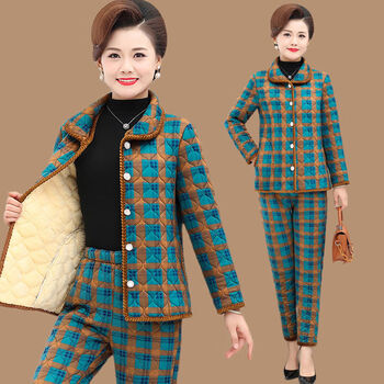 蓝骏启妈妈冬季时尚气质加绒厚棉衣套装四十中年女短款保暖棉衣棉裤