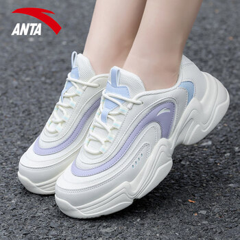 安踏女鞋老爹鞋2022春季透气网鞋休闲鞋官方旗舰运动鞋女浅米白淡紫灰
