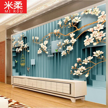 背景墙壁画无缝整张古典中式电视影视墙壁布鸟语花香18d凹凸壁纸8d