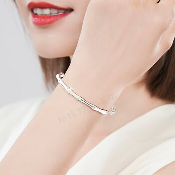 周生生足银手镯女士竹节实心竹子银镯子年轻款大生大福人节礼物送