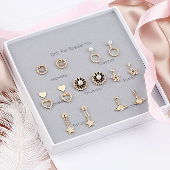 月下925银针一周七天星期耳钉套装组合耳环礼盒送女生生日礼物套装六