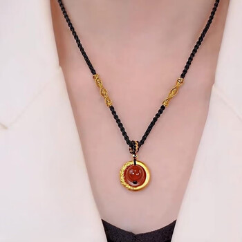 mhfdo999足金金箍圈吊坠编织相思豆项链女红玛瑙黄金转运珠平安扣项坠