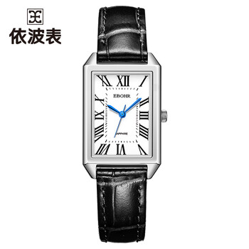 依波ebohr22年新款手表女复古石英女表皮带棕色小方表5160黑色