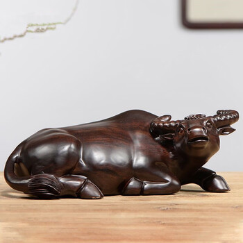 闽木匠  黑檀实木雕水牛摆件木头雕刻卧牛办公桌面生肖木质牛装饰摆设