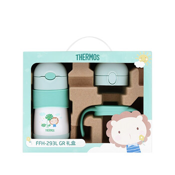 膳魔师THERMOS 婴儿吸管保温杯316不锈钢吸管杯双耳把手一杯四用成长双盖礼盒学饮杯绿色290ml