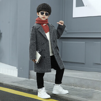 迪士尼男童韩版加厚呢子大衣儿童秋冬季新款双排扣中长款毛呢大风衣