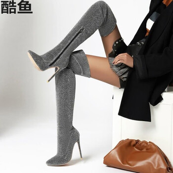 大码伪娘超高跟长筒靴过膝长靴弹力瘦瘦靴长筒女性感高跟细跟尖头银色
