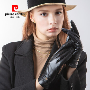 皮尔卡丹真皮手套女士冬季骑行加绒分指触屏山羊皮手套女新品黑色 黑色 804292253F-L码