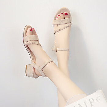 跟3cm凉鞋女夏露趾一字扣少女小清新中粗跟高跟鞋学生网红女鞋米白色