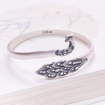 托托贴贴 孔雀手镯 中国风古法银手镯女个性实心复古镯子sn3633 素版