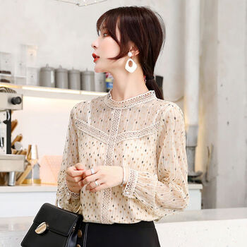欧蓝逞蕾丝衫女长袖2022春装新款小衫打底衬衫百搭洋气雪纺女上衣潮