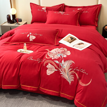 九洲鹿大红色160支结婚全棉四件套纯棉刺绣婚庆喜被冬季床上用品璀璨