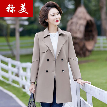 称美 中老年女装春装风衣外套中年妈妈装春秋季时尚大码宽松妇女上衣 驼色 2X 适合105-120斤