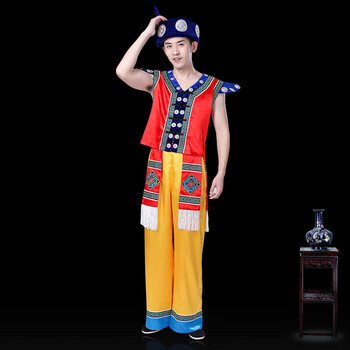 男广西壮族演出服服饰云南苗族舞蹈彝族表演服装红色上衣裤子头饰190