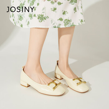 卓诗尼单鞋女时尚百搭通勤休闲女鞋粗跟气质方头浅口时装鞋女米白色36