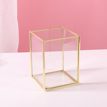 恒愎网红北欧六角金属透明玻璃收纳盒化妆刷桶美妆笔刷筒带盖防尘珍珠
