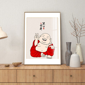 笑口常开弥勒佛装饰画玄关挂画中式客厅餐厅禅意字画茶室佛系壁画 a款