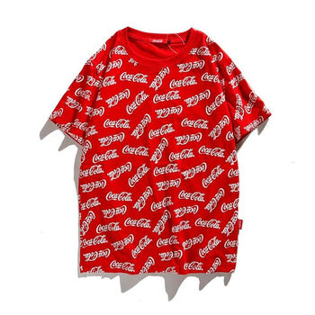 流彗可乐联名衣服logo满身印花联名cocacola国朝ins超火男女情侣短袖